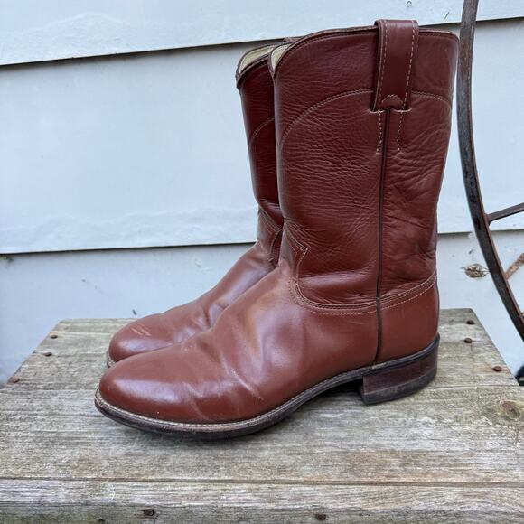 Justin Boots Saddle Tan Round Toe Roper Cowboy Boots Rubber Sole 9.5D Style 3003
